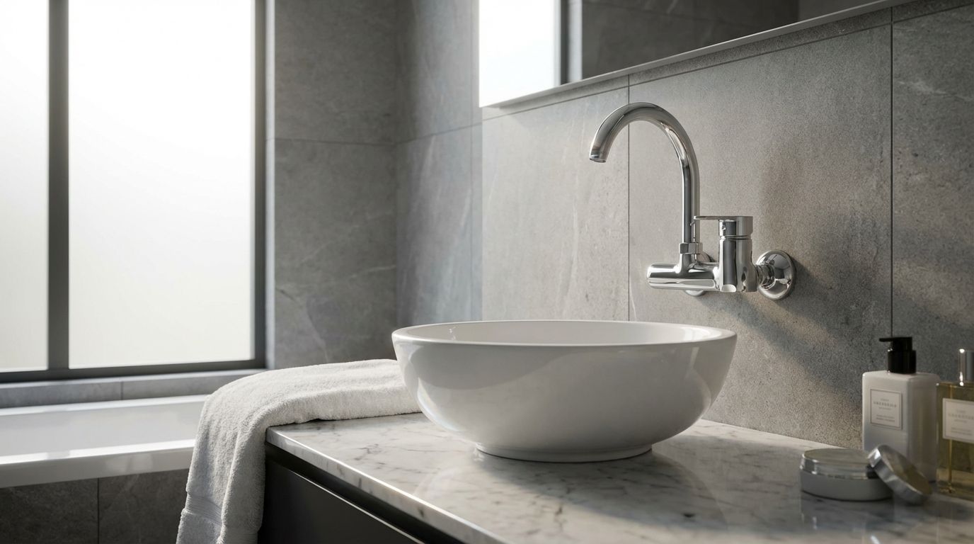 Wall Mounted Sink Mixer 3004 1 YUBATH sanitary ware showroom display for modern bathroom