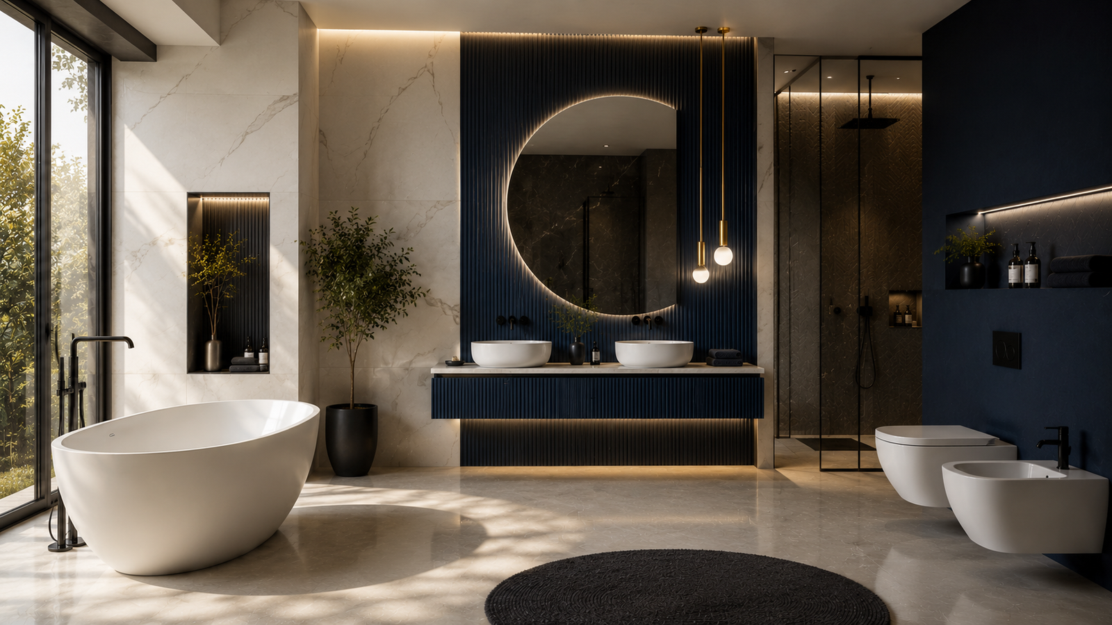 Home 2 Yubath dark stone bathroom with crescent backlit mirror and ribbed wood paneling