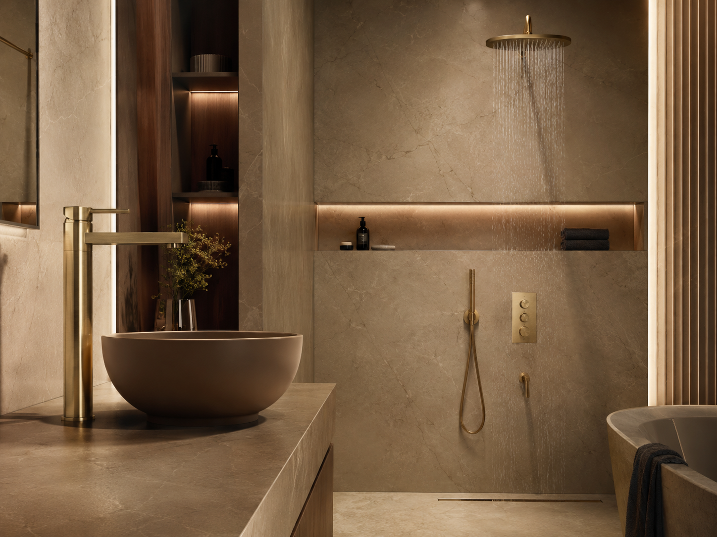 Home 4 YUBATH wash basin paired with matching fittings in a styled premium bathroom